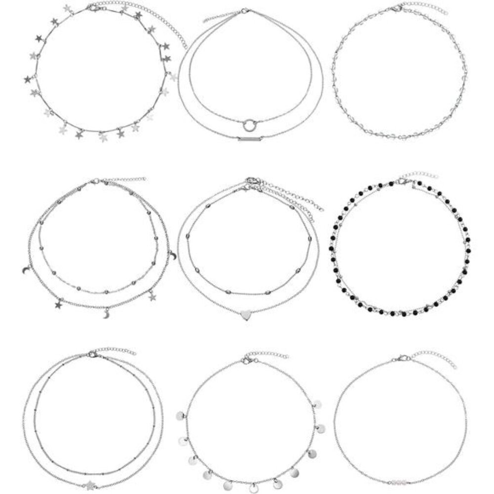 BBTO 9 Pieces Women Girls Sliver Layered Chain Choker Necklace Layered Pendant